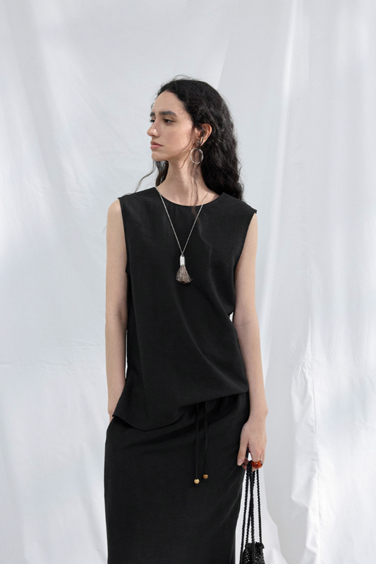 2-Way draped linen-blend top / black