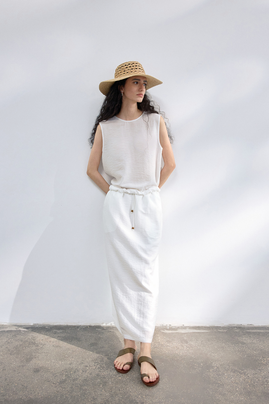 Linen-blend drawstring skirt /  white