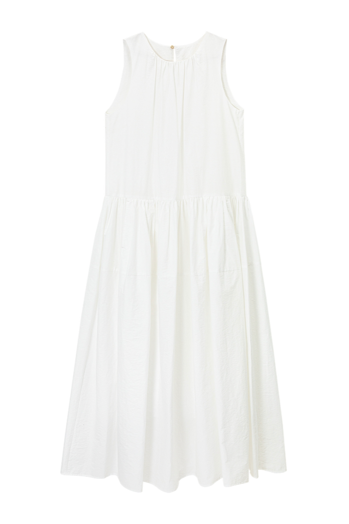 Gathered cotton-linen flare dress / white