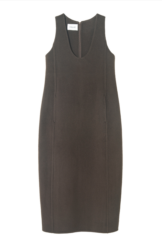 Deep U neck cocoon dress / brown