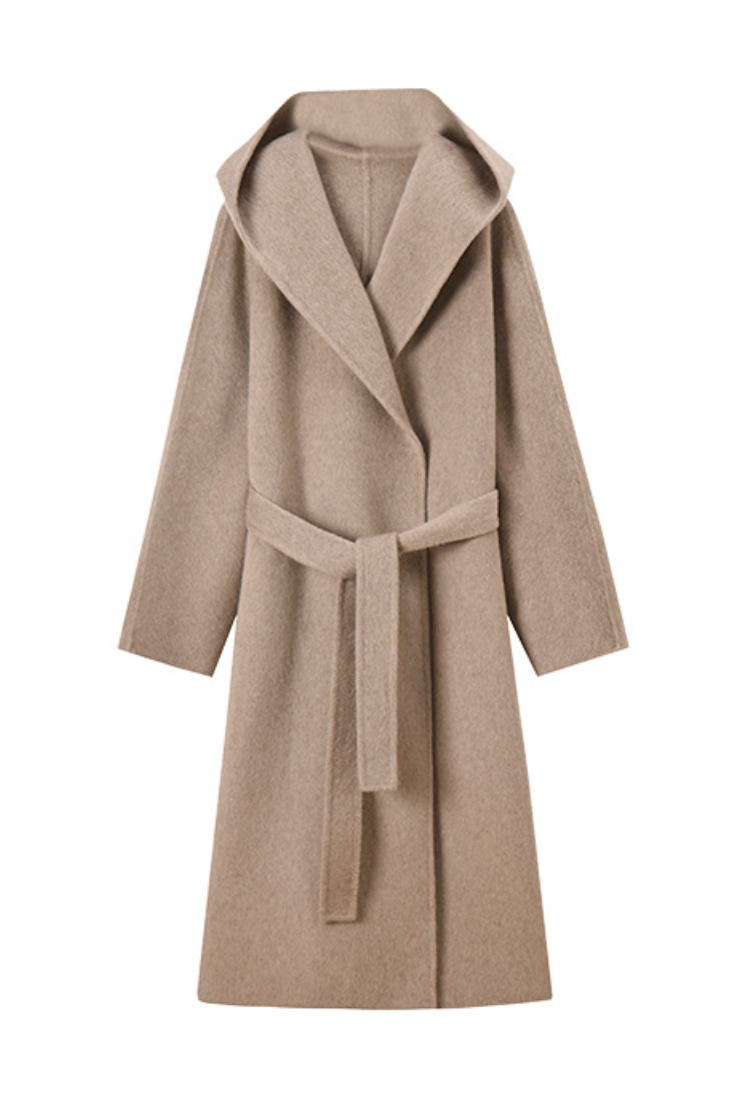 Silk cashmere wool coat with hood / oatmeal