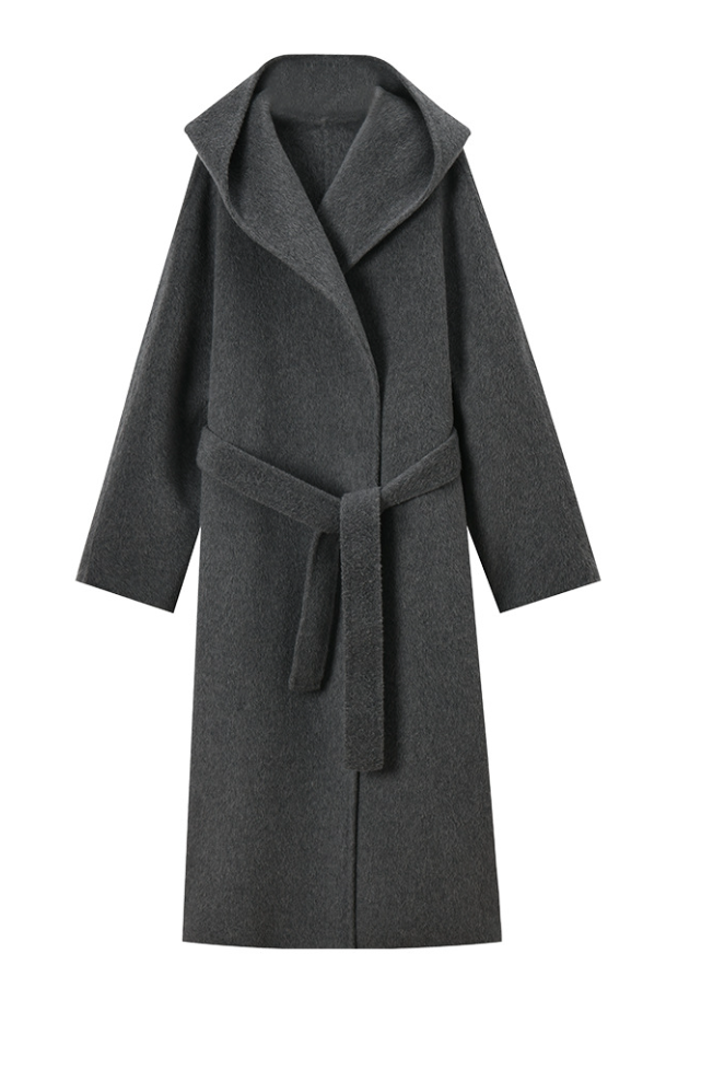 Silk cashmere wool coat with hood / gray