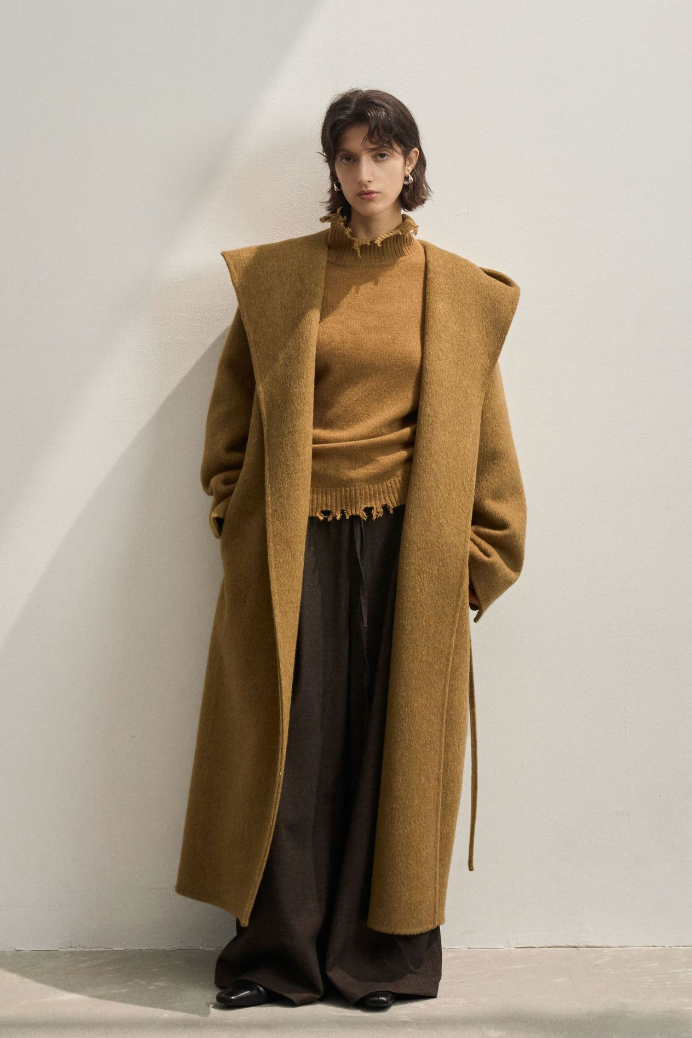 Alpaca blend hoodie long coat / camel