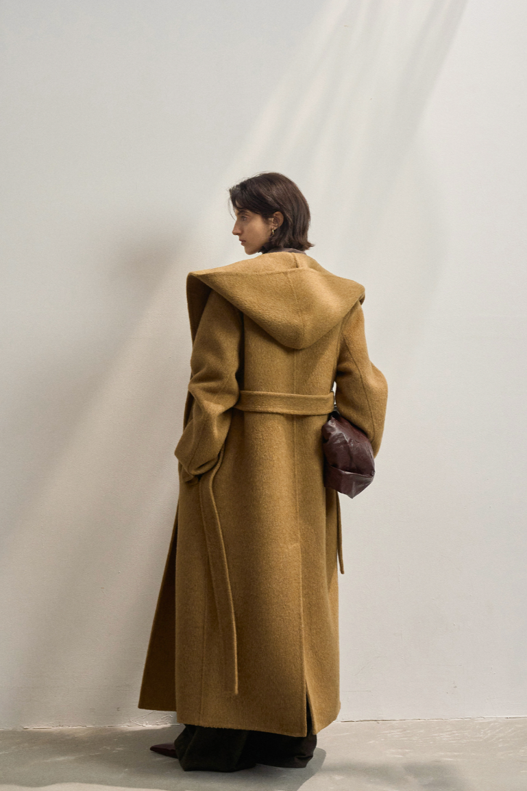 Alpaca blend hoodie long coat / camel