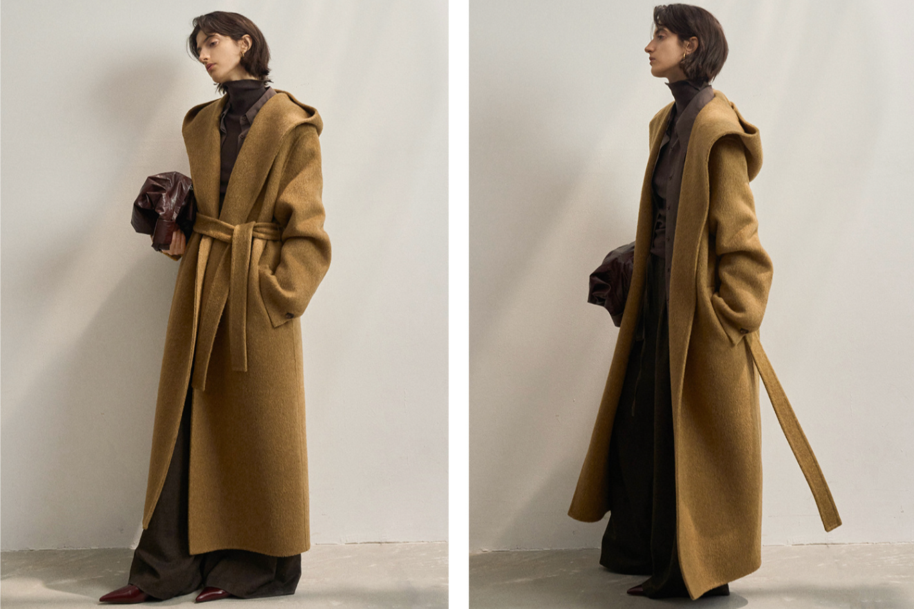 Alpaca blend hoodie long coat / camel