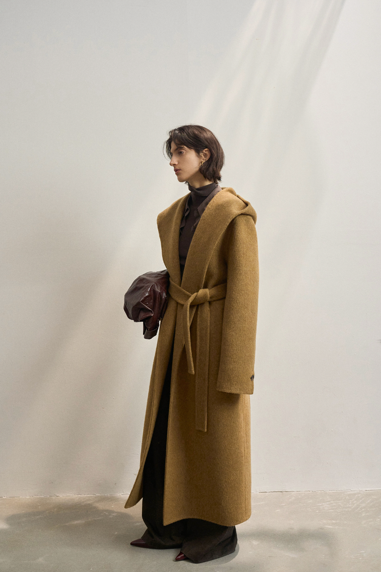 Alpaca blend hoodie long coat / camel