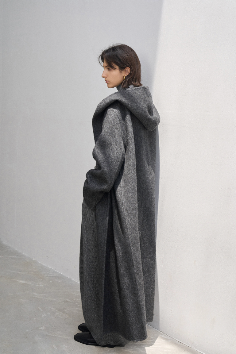 Alpaca blend hoodie long coat / dark gray