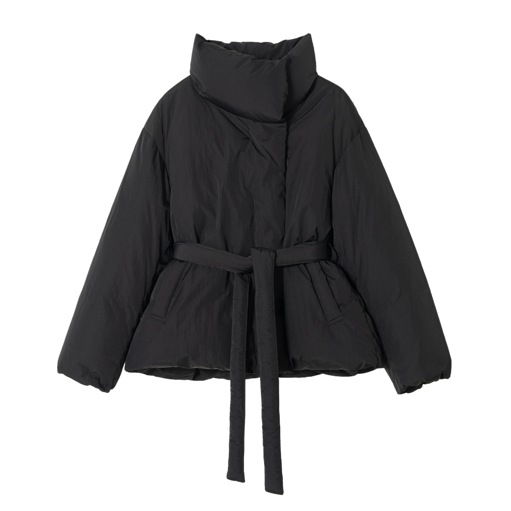 Wrap style short down coat / black