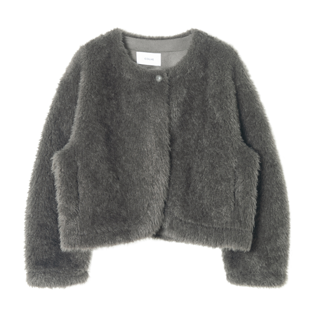 Round neck short plush coat / dark gray