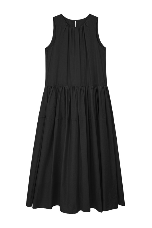 Gathered cotton-linen flare dress / black